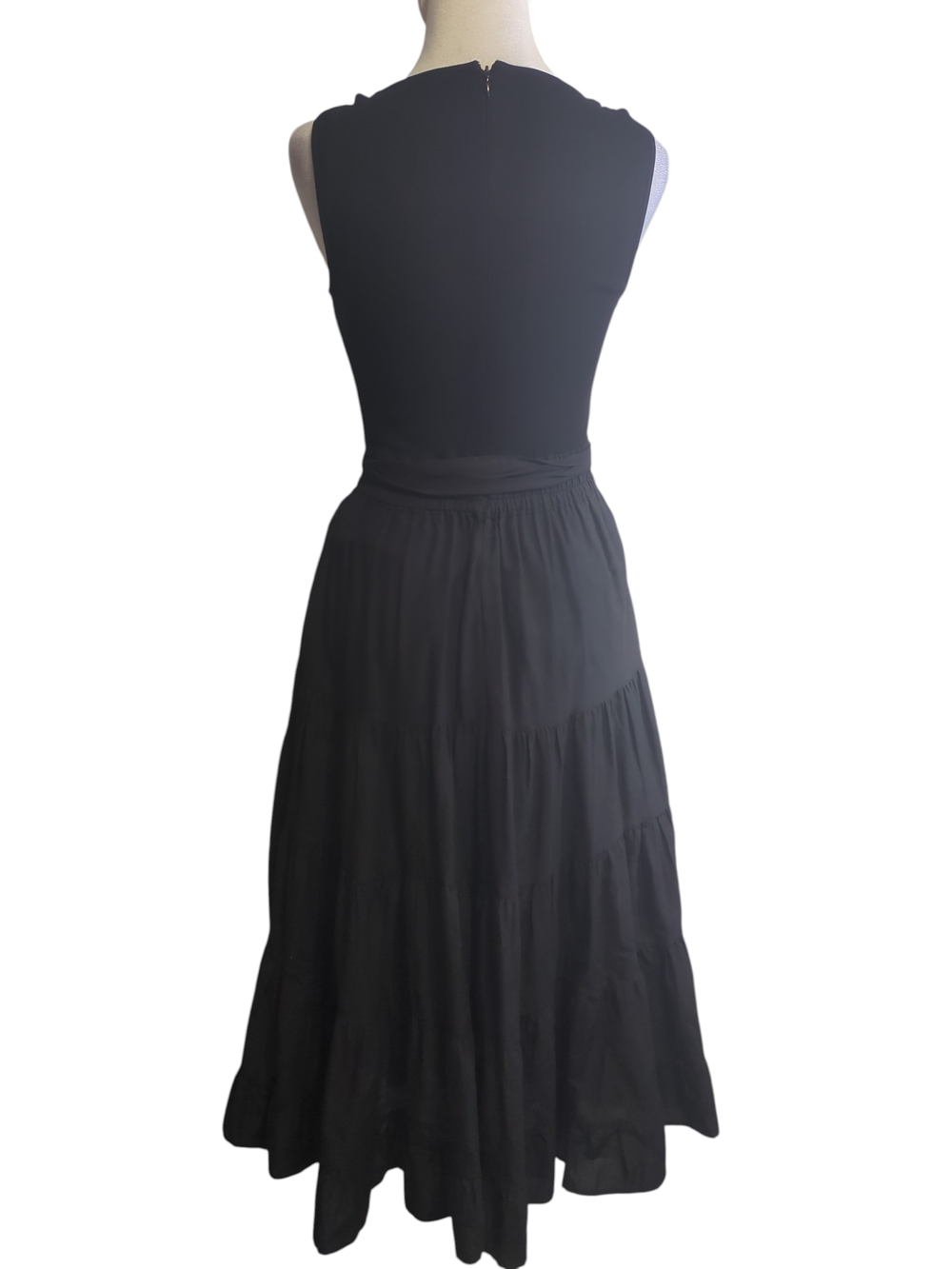 PAIGE Black Tiered Midi Skirt Sleeveless  Scoop neckline Tie waist belt Tie - Picture 2 of 15